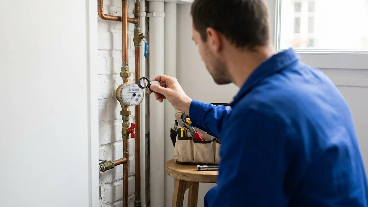Relevé d'un compteur d'eau qui tourne dans la cave d'un immeuble de Boulogne-Billancourt