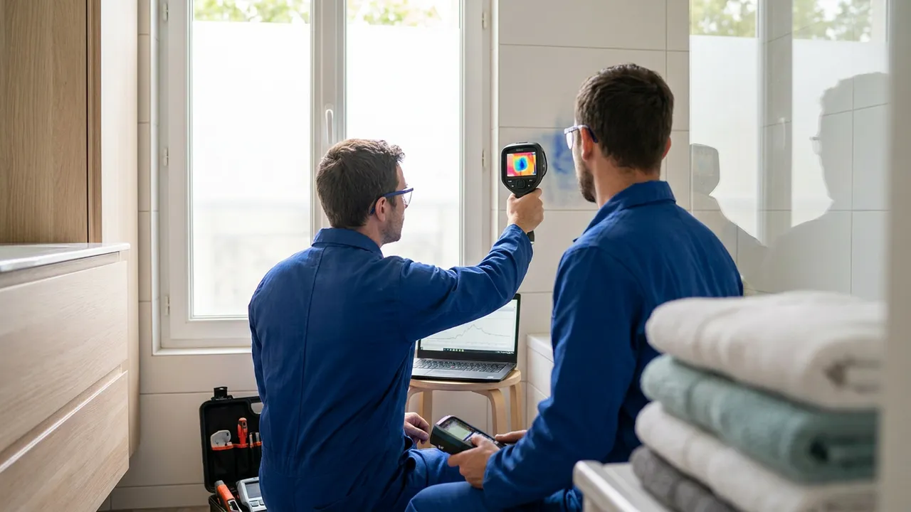 Technicien utilisant une caméra thermique pour localiser une fuite dans un appartement de Boulogne-Billancourt